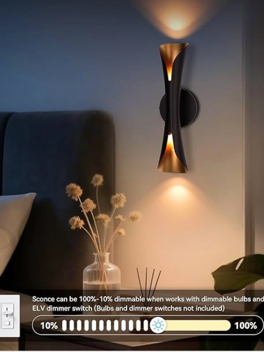 NIB PAIR Wall Sconces Dimmable Black Gold Sconce Lights Hardwired Modern Indoor - Picture 5 of 11
